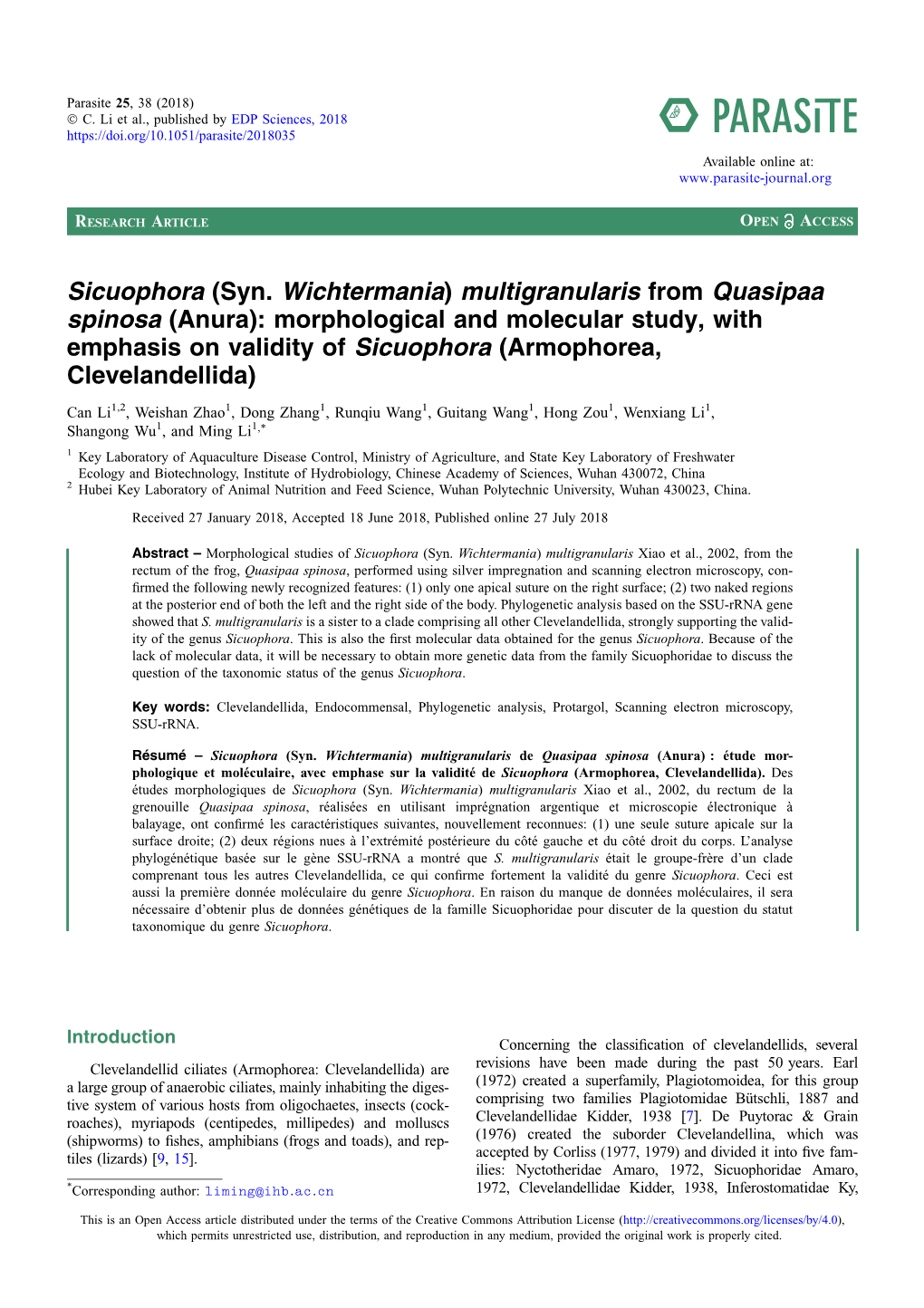 Multigranularis from Quasipaa Spinosa (Anura): Morphological and Molecular Study, with Emphasis on Validity of Sicuophora (Armophorea, Clevelandellida)