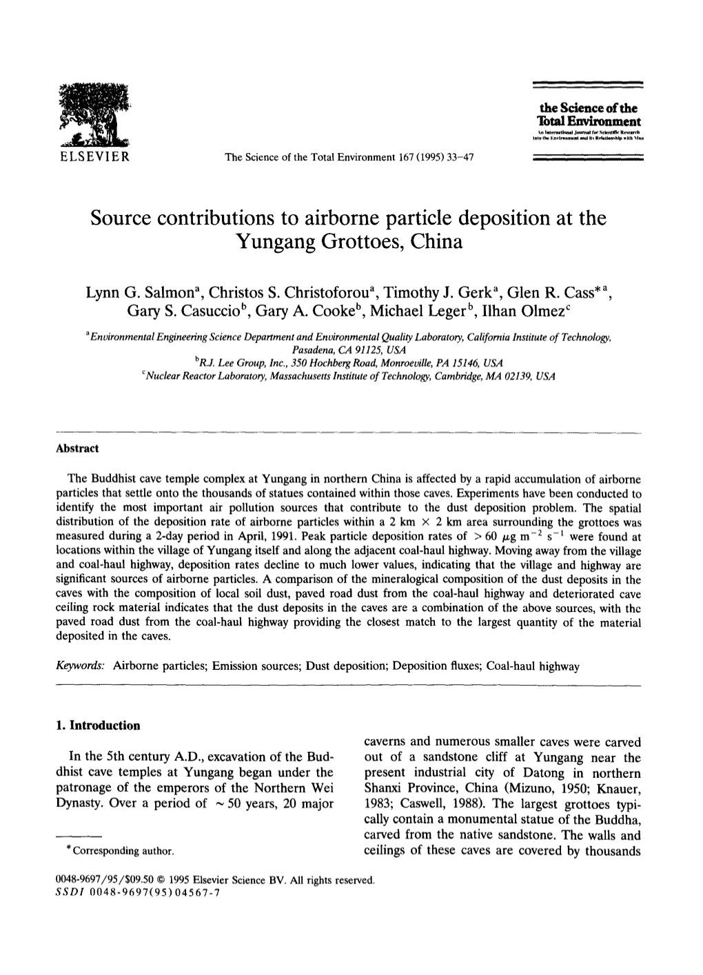 Source Contributions to Airborne Particle Deposition at the Yungang Grottoes, China