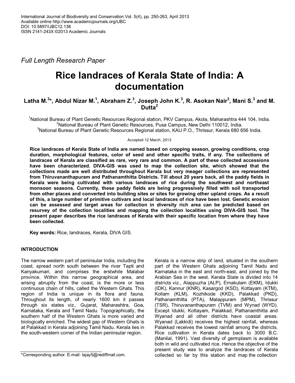 Rice Landraces of Kerala State of India: a Documentation