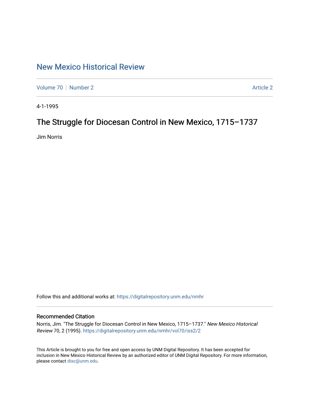 The Struggle for Diocesan Control in New Mexico, 1715Â•Fi1737
