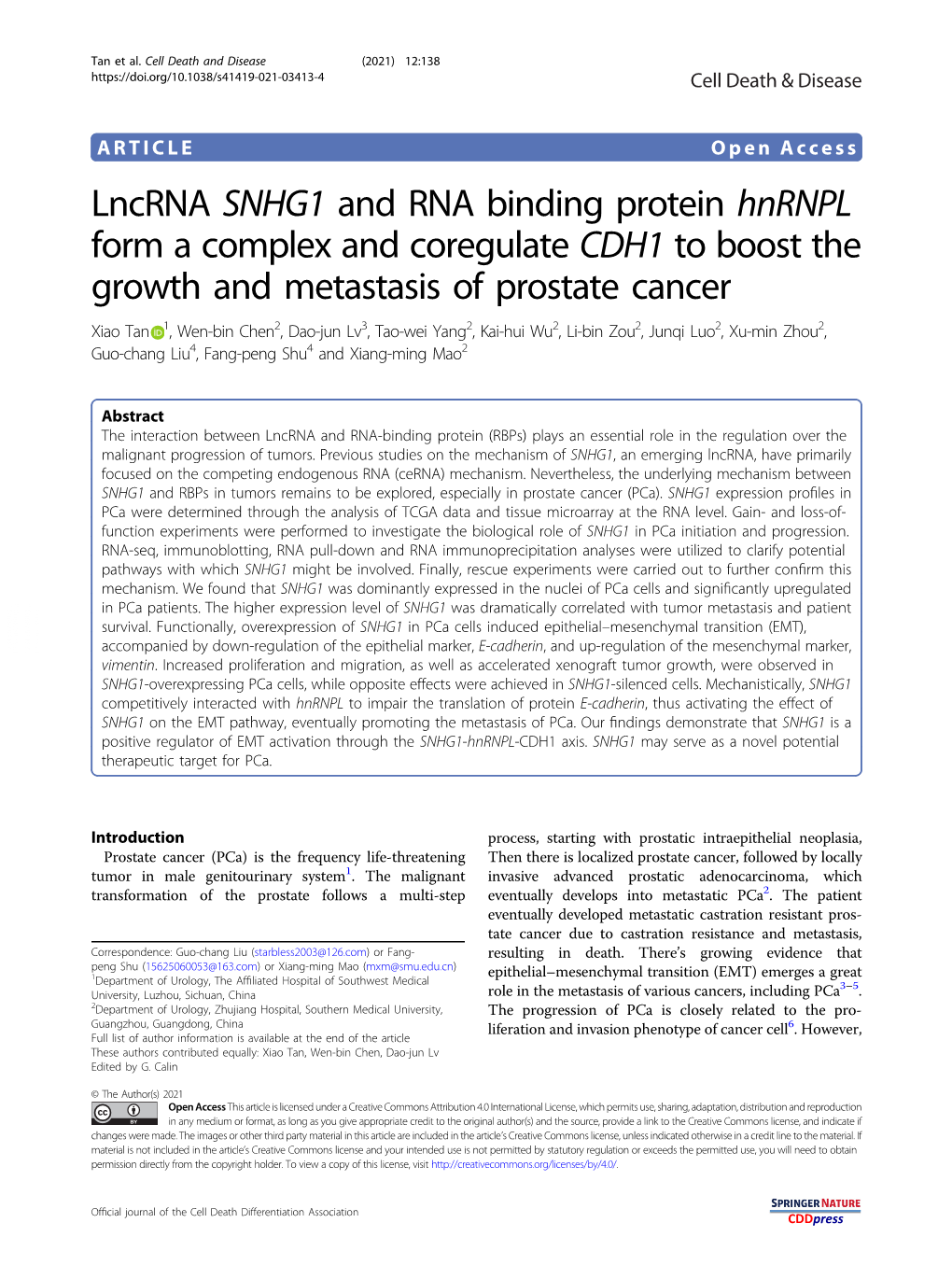 Lncrna SNHG1 and RNA Binding Protein Hnrnpl Form a Complex