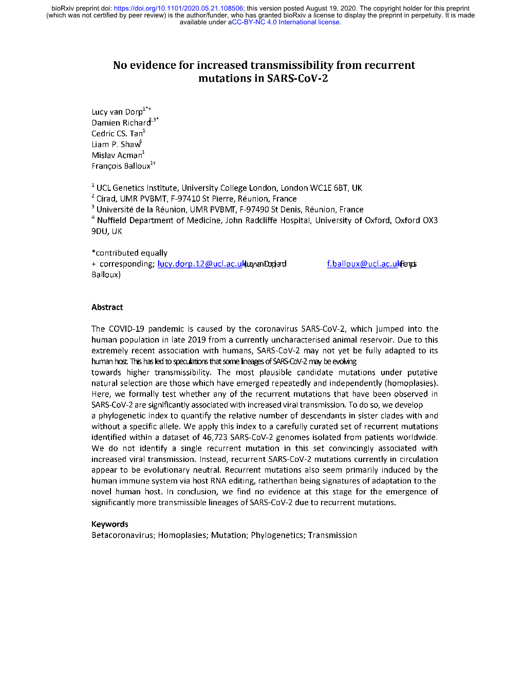 No Evidence for Increased Transmissibility from Recurrent Mutations in SARS-Cov-2