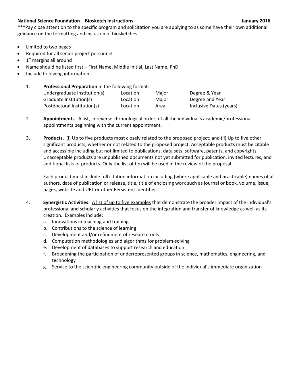 National Science Foundation Biosketch Instructions January 2016