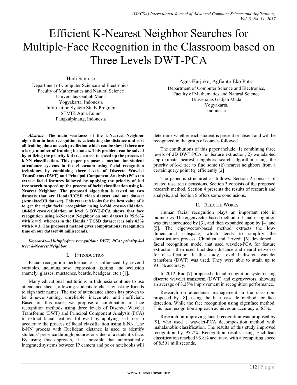 Efficient K-Nearest Neighbor Searches for Multiple-Face Recognition in the Classroom Based on Three Levels DWT-PCA