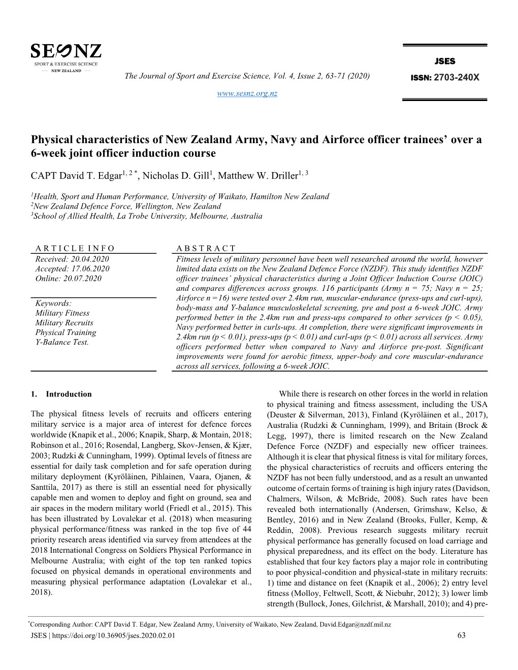 Physical Characteristics of New Zealand Army, Navy and Airforce Officer Trainees’ Over a 6-Week Joint Officer Induction Course