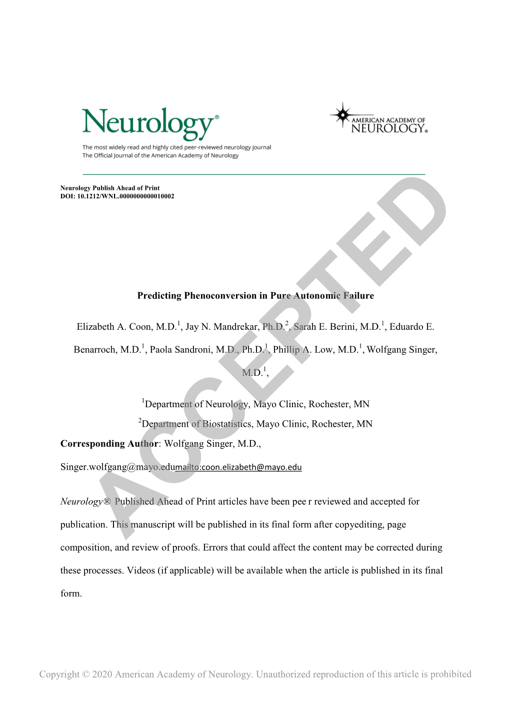 Predicting Phenoconversion in Pure Autonomic Failure Elizabeth A