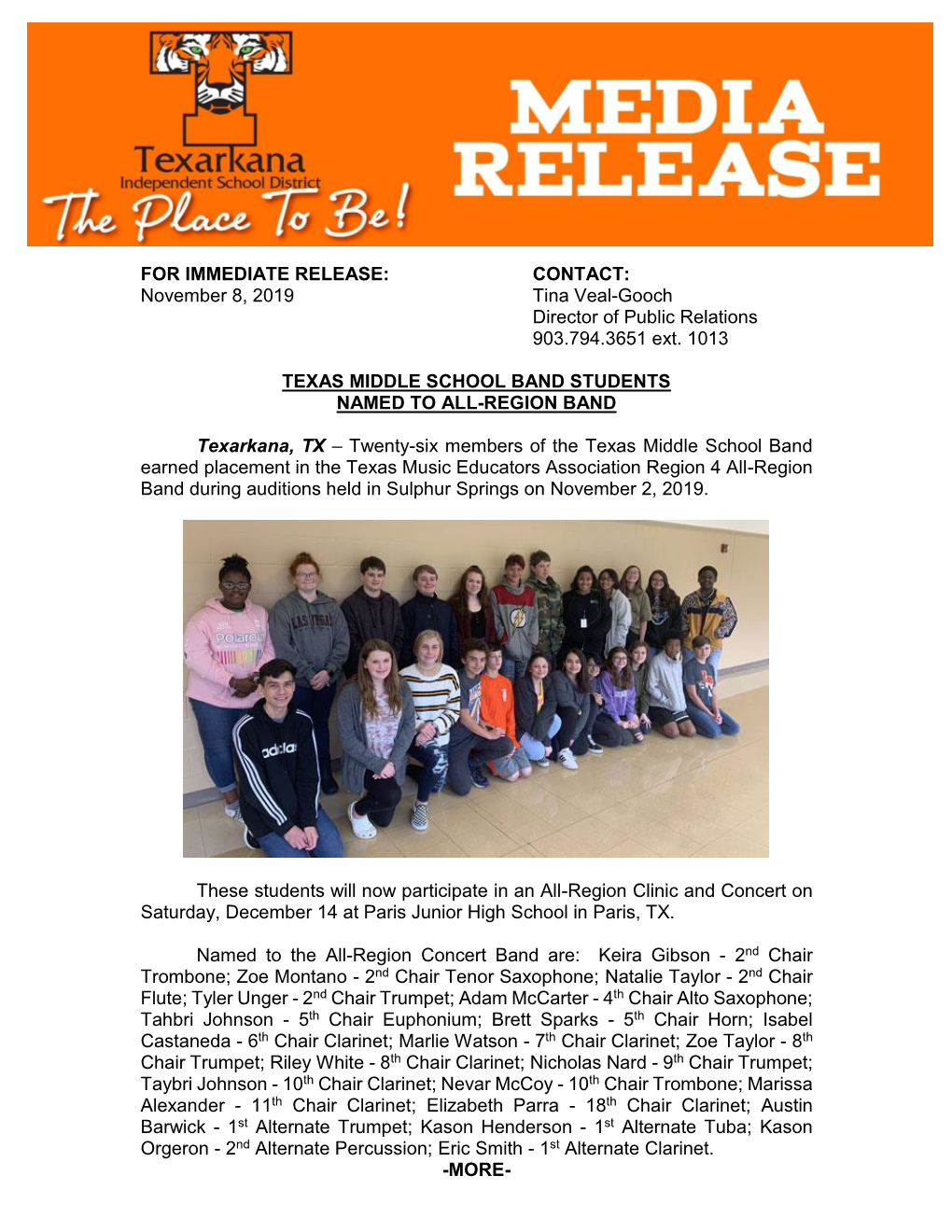 FOR IMMEDIATE RELEASE: CONTACT: November 8, 2019 Tina Veal-Gooch Director of Public Relations 903.794.3651 Ext