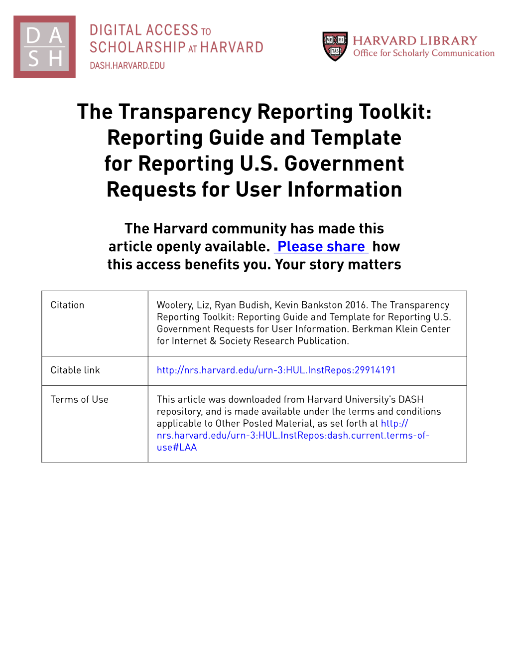 The Transparency Reporting Toolkit: Reporting Guide and Template for Reporting U.S