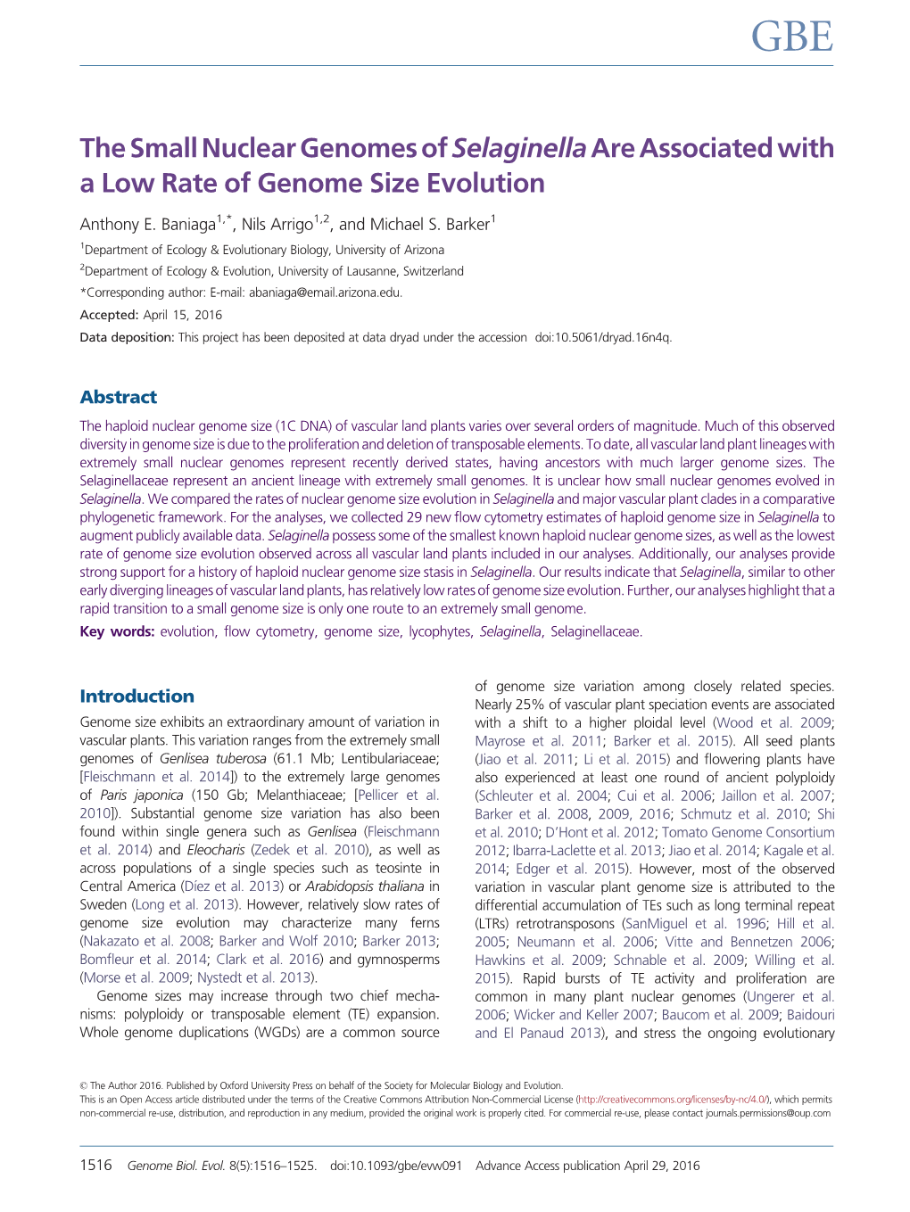 The Small Nuclear Genomes Ofselaginellaare