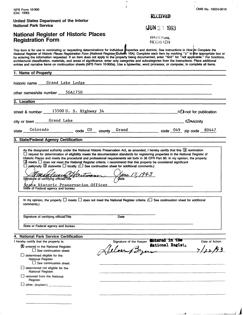 RECEIVED United States Department of the Interior National Park Service !JUN 2 1 1993 National Register of Historic Places NA ! S Registration Form REGISTER