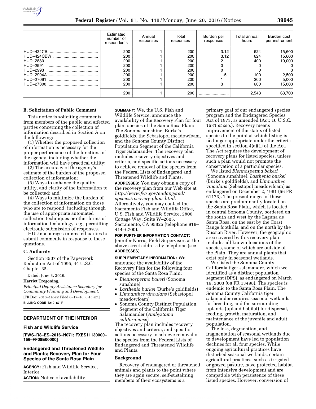 Recovery Plan for Four Species of the Santa Rosa Plain