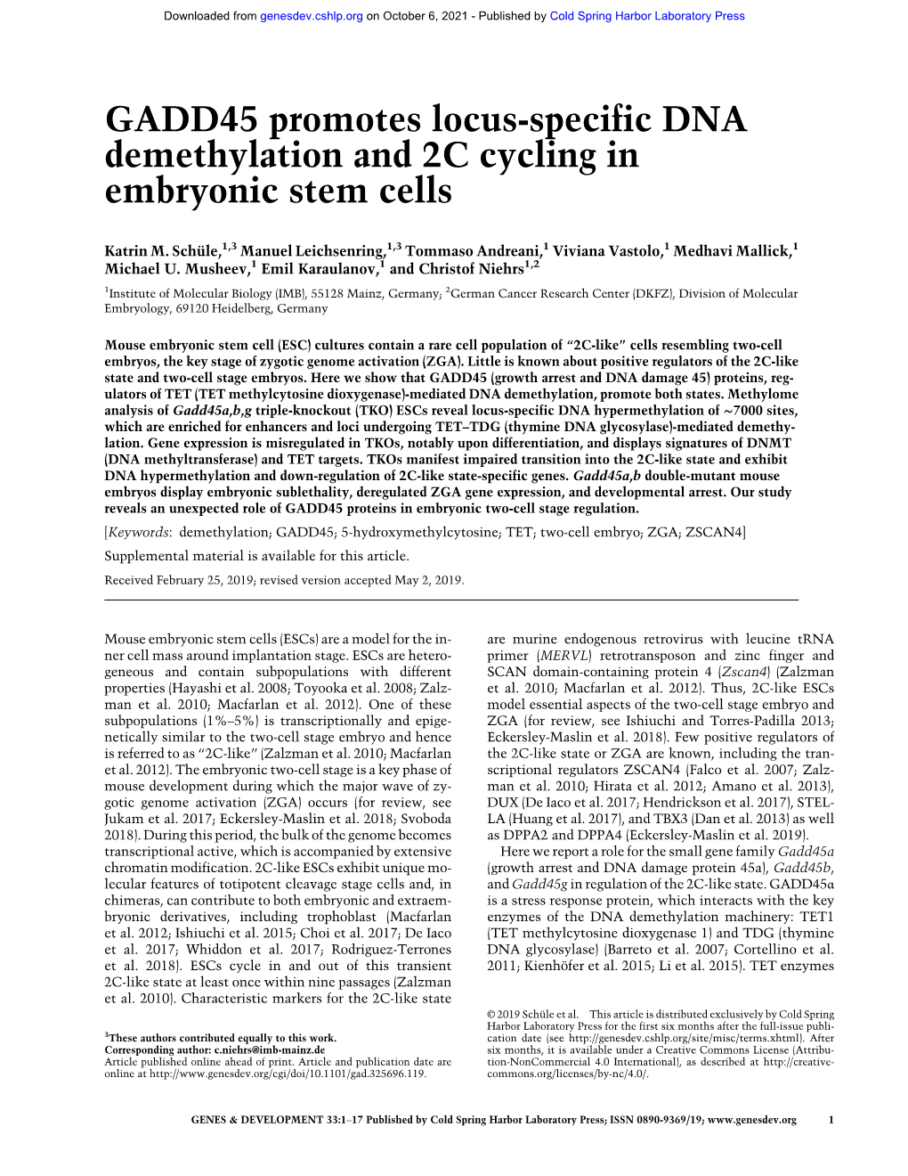 GADD45 Promotes Locus-Specific DNA Demethylation and 2C Cycling in Embryonic Stem Cells