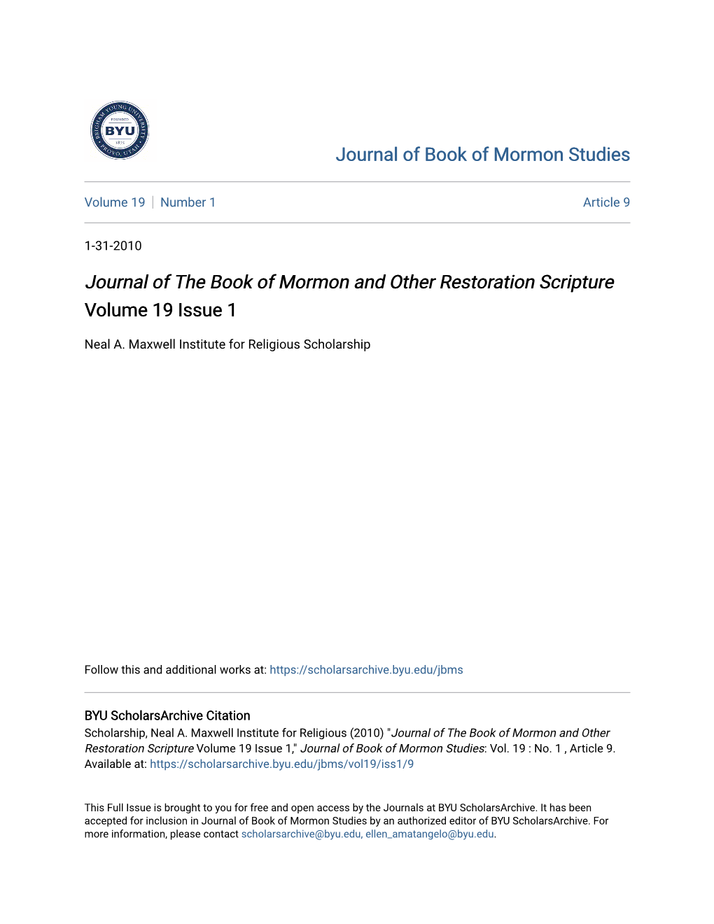 Journal of the Book of Mormon and Other Restoration Scripture Volume 19 Issue 1