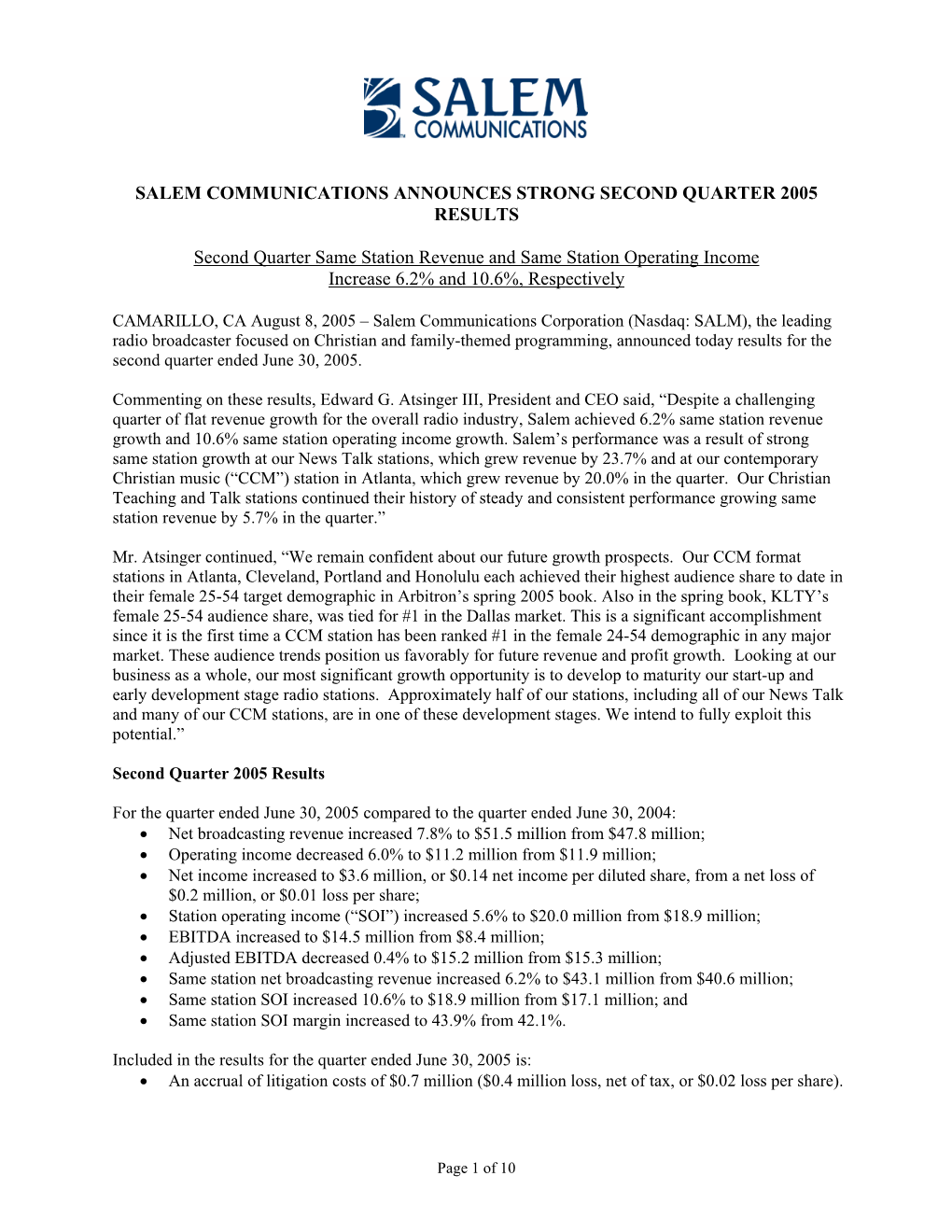 Salem Communications Announces Strong Second Quarter 2005 Results