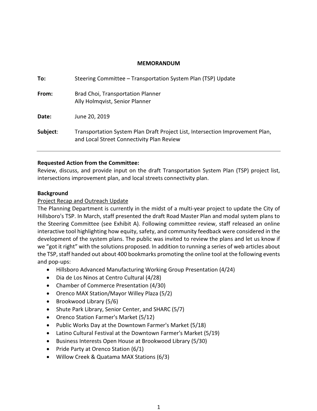 Transportation System Plan Update Meeting Packet