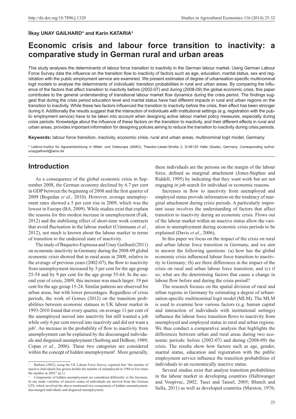 Economic Crisis and Labour Force Transition to Inactivity: a Comparative Study in German Rural and Urban Areas