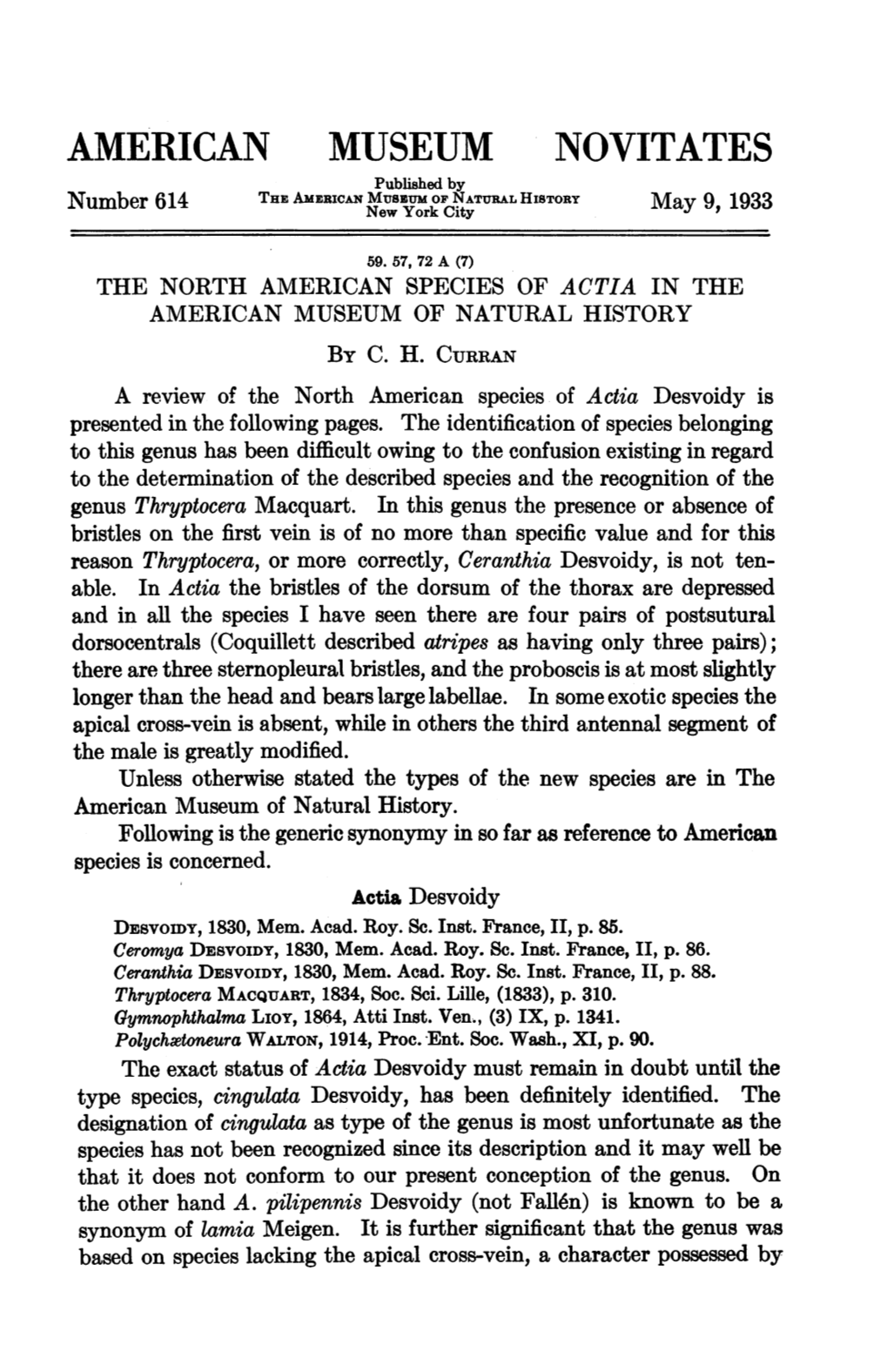 AMERICAN MUSEUM NOVITATES Published by Number 614 the AMERICAN Ewusumtm-Jfatural HISTORY May 9, 1933