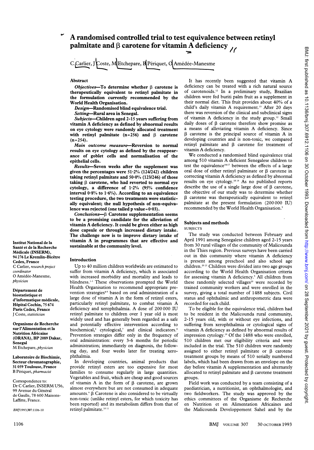 Palmitate and Carotene for Vitamin a Deficiency / BMJ: First Published As 10.1136/Bmj.307.6912.1106 on 30 October 1993