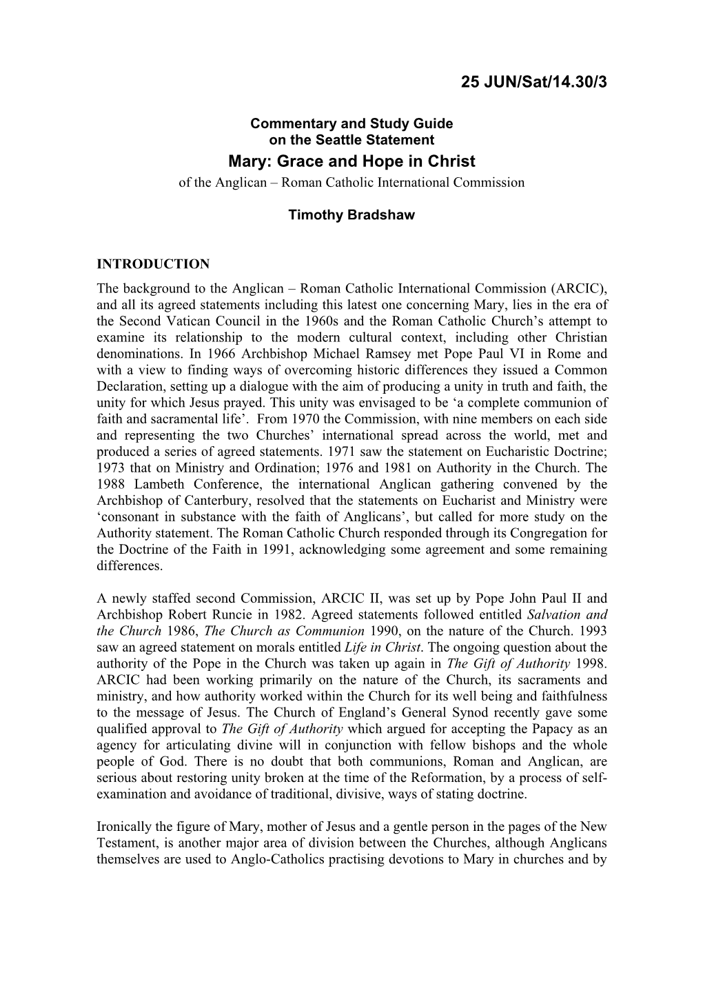 Mary: Grace and Hope in Christ of the Anglican – Roman Catholic International Commission