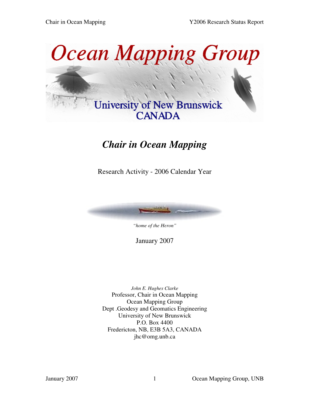 Chair in Ocean Mapping Y2006 Research Status Report