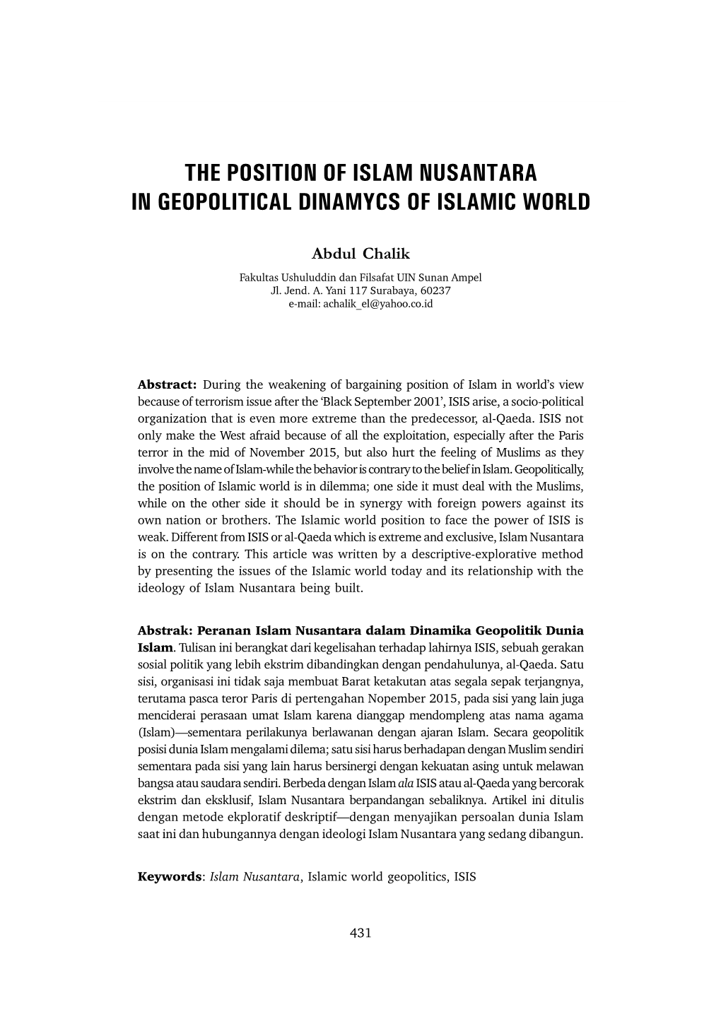 The Position of Islam Nusantara in Geopolitical Dinamycs of Islamic World