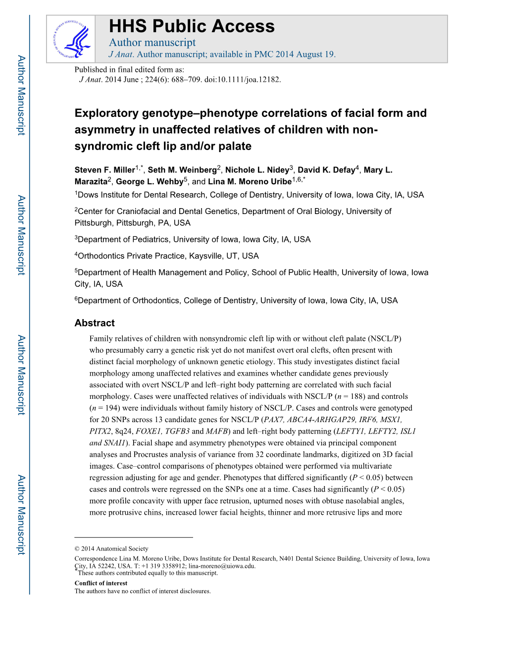 Exploratory Genotype–Phenotype Correlations of Facial Form and Asymmetry in Unaffected Relatives of Children with Non- Syndromic Cleft Lip And/Or Palate