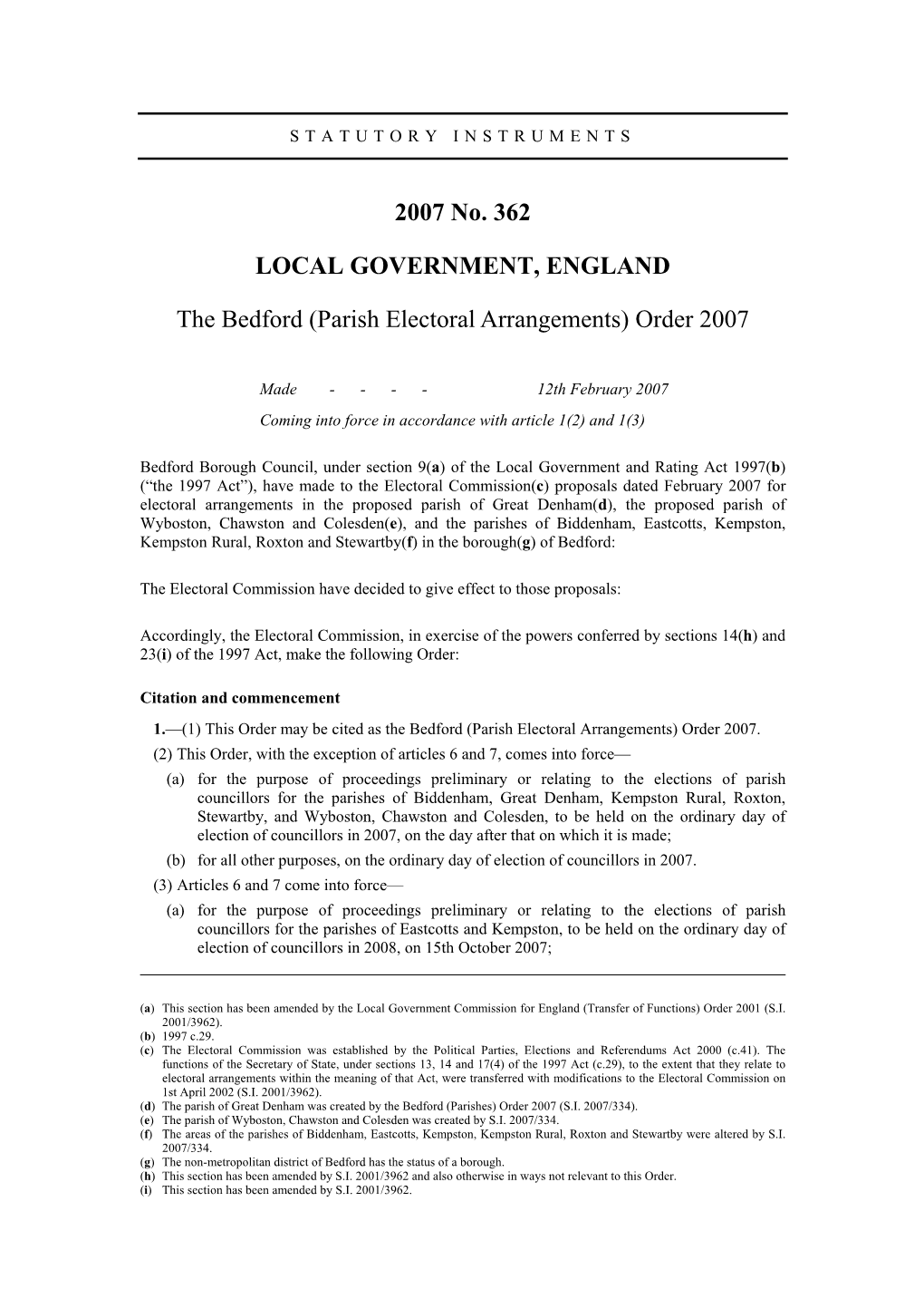 The Bedford (Parish Electoral Arrangements) Order 2007