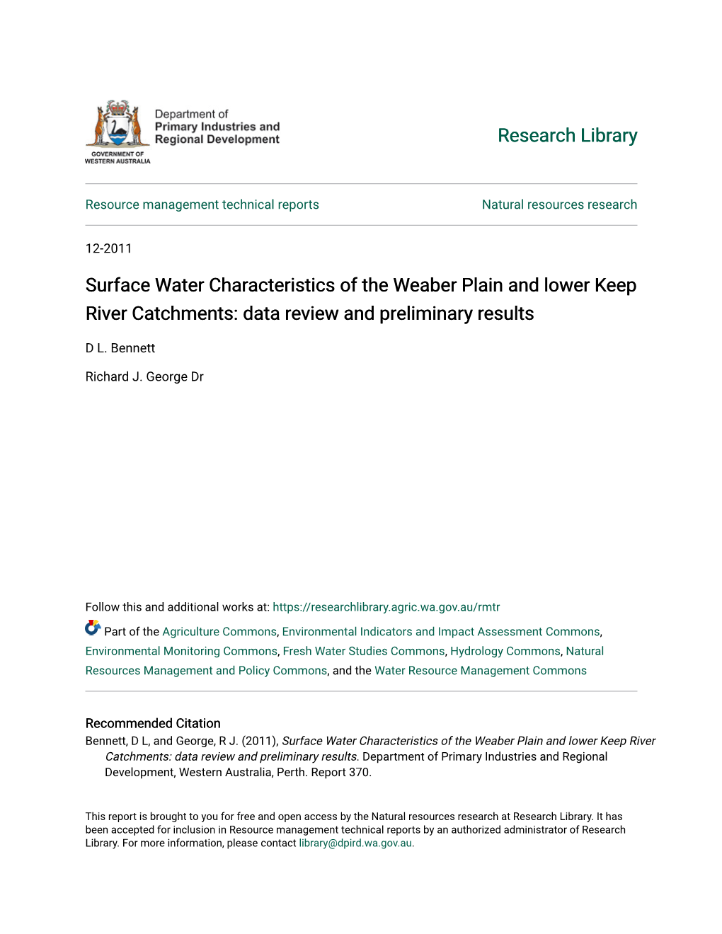 Surface Water Characteristics of the Weaber Plain and Lower Keep River Catchments: Data Review and Preliminary Results