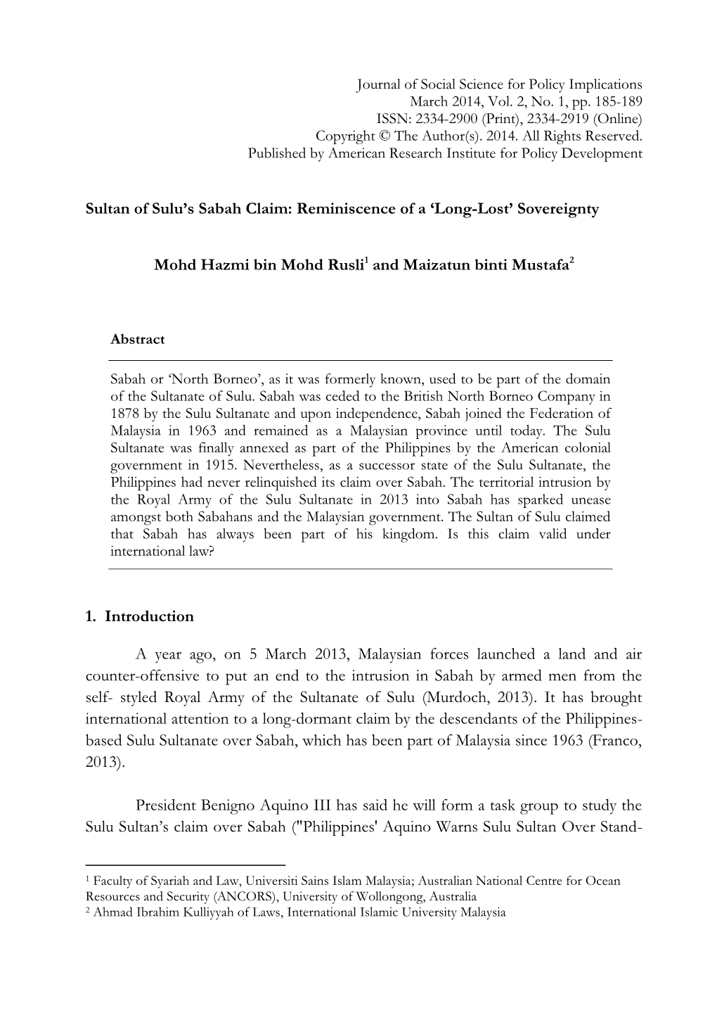 Sultan of Sulu's Sabah Claim: a Case of 'Long- Lost' Sovereignty? RSIS Commentary, 043(2013)