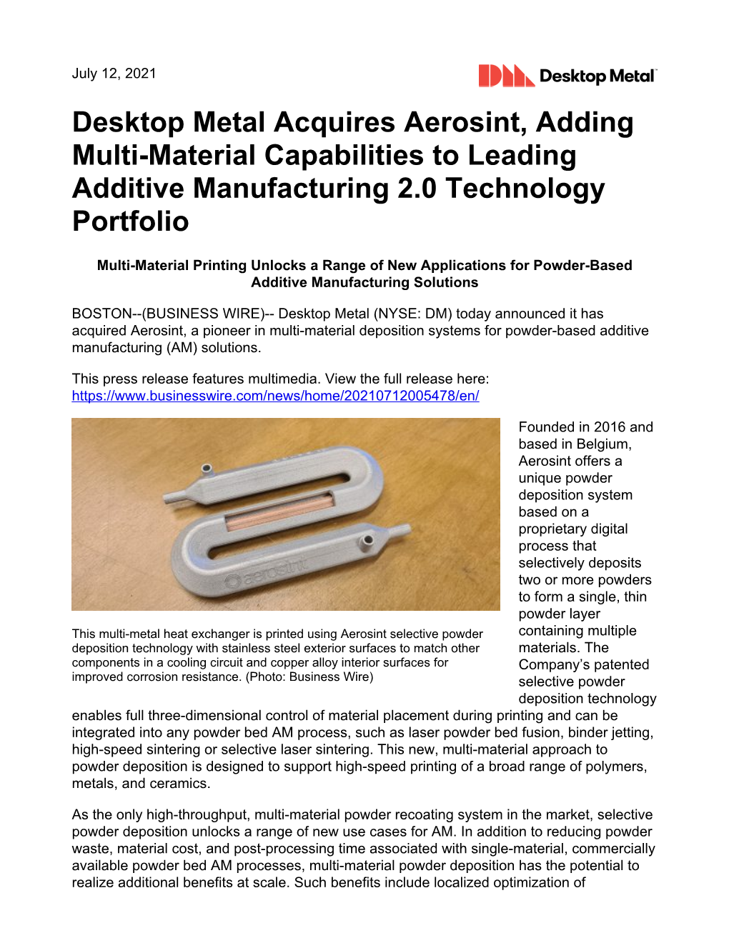 Desktop Metal Acquires Aerosint, Adding Multi-Material Capabilities to Leading Additive Manufacturing 2.0 Technology Portfolio