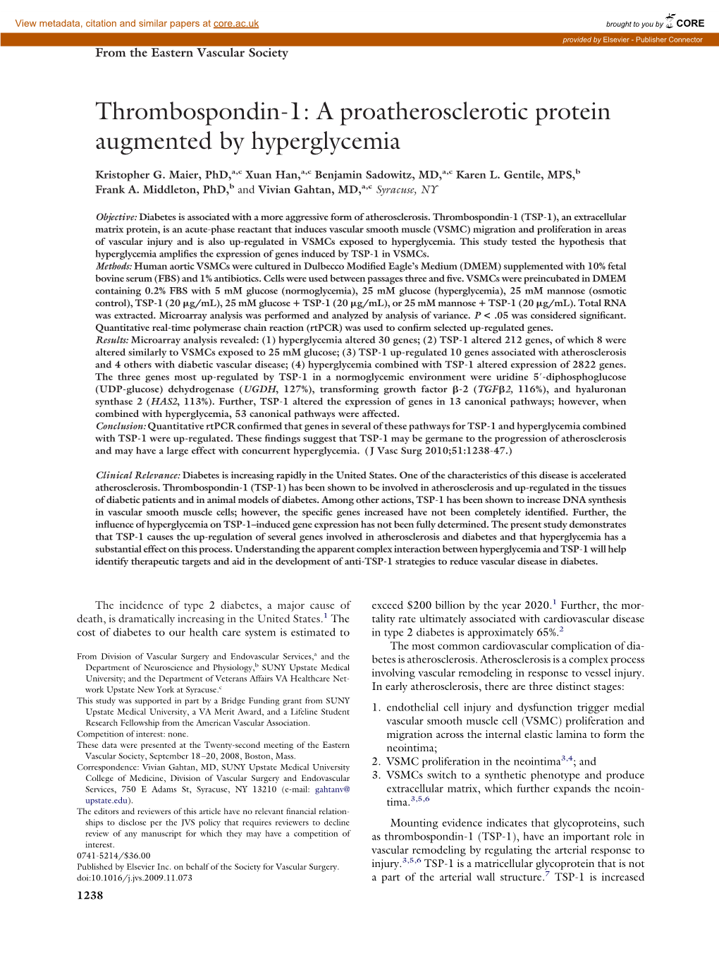 Thrombospondin-1: a Proatherosclerotic Protein Augmented by Hyperglycemia