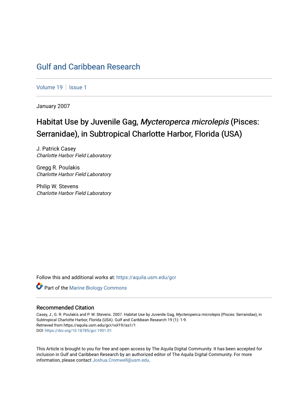 Habitat Use by Juvenile Gag, Mycteroperca Microlepis (Pisces: Serranidae), in Subtropical Charlotte Harbor, Florida (USA)