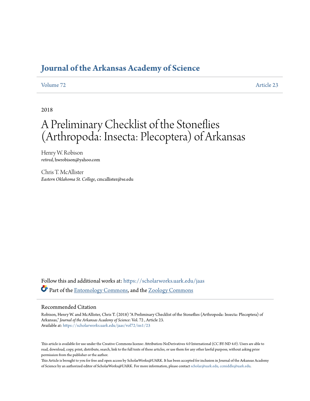 A Preliminary Checklist of the Stoneflies (Arthropoda: Insecta: Plecoptera) of Arkansas Henry W