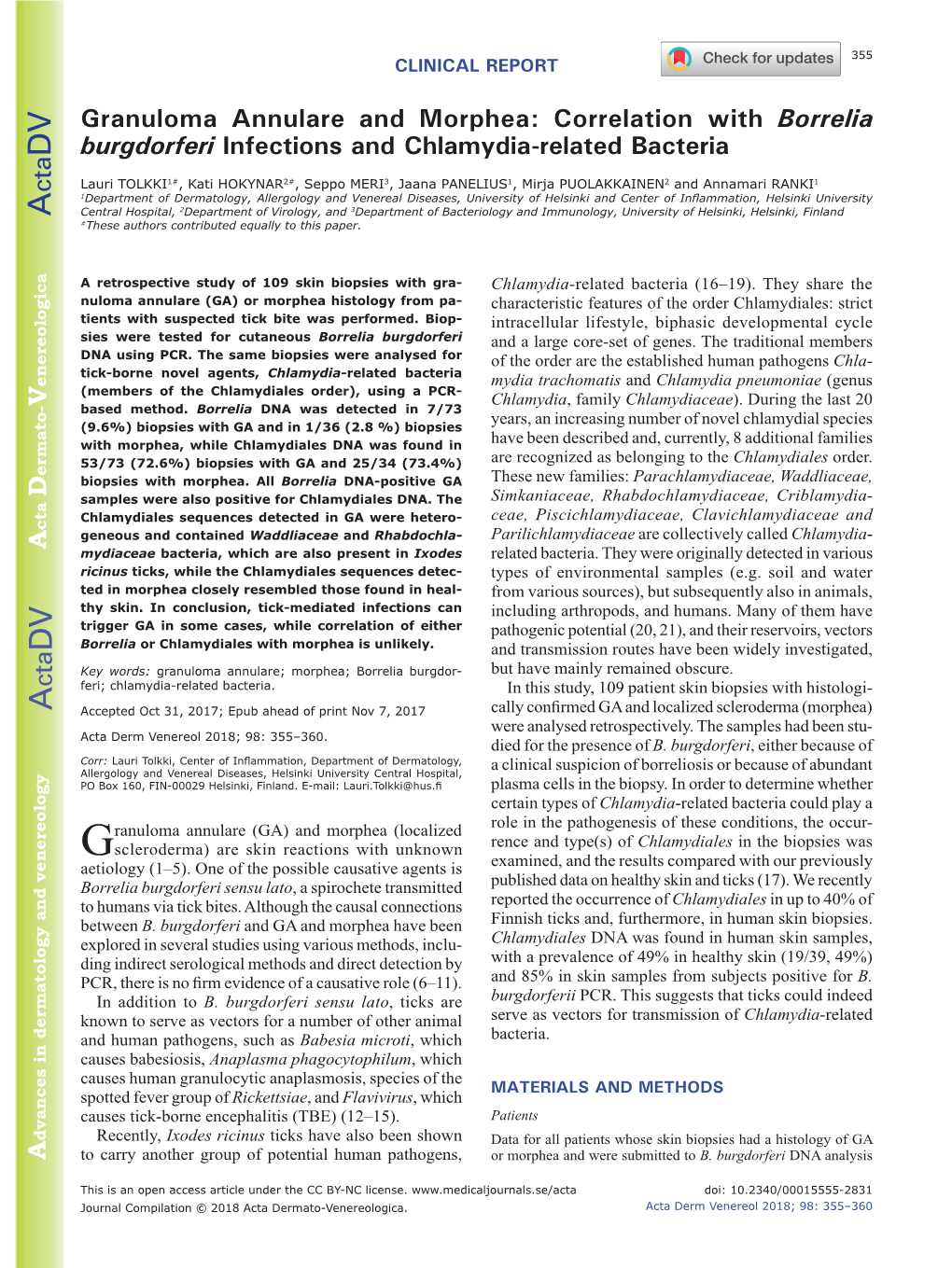 Granuloma Annulare; Morphea; Borrelia Burgdor Borrelia Or Chlamydiales with Morpheaisunlikely