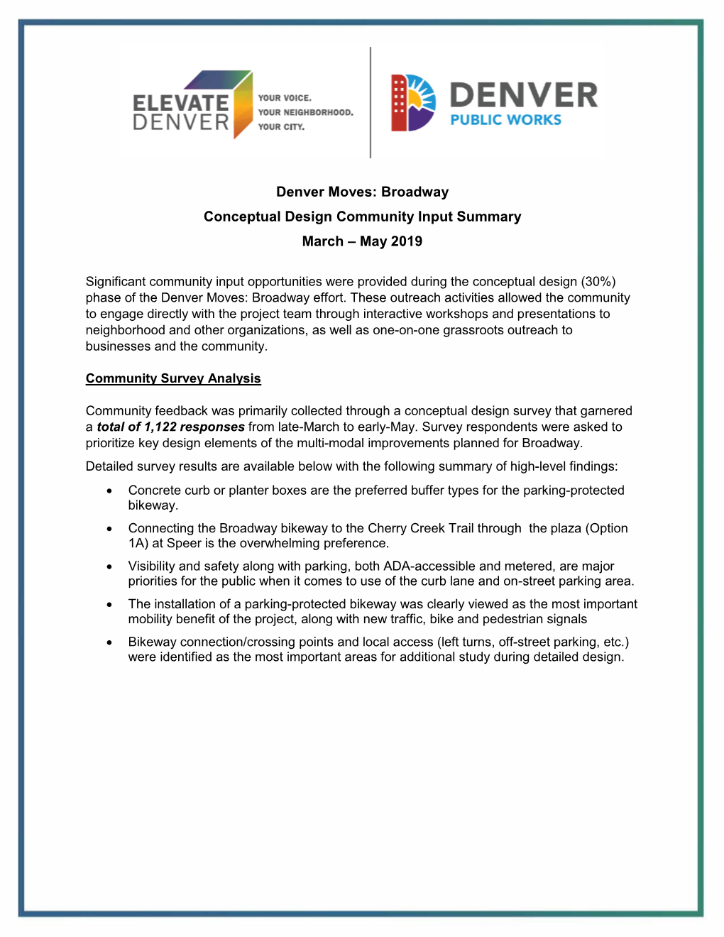 Denver Moves: Broadway Conceptual Design Community Input Summary March – May 2019