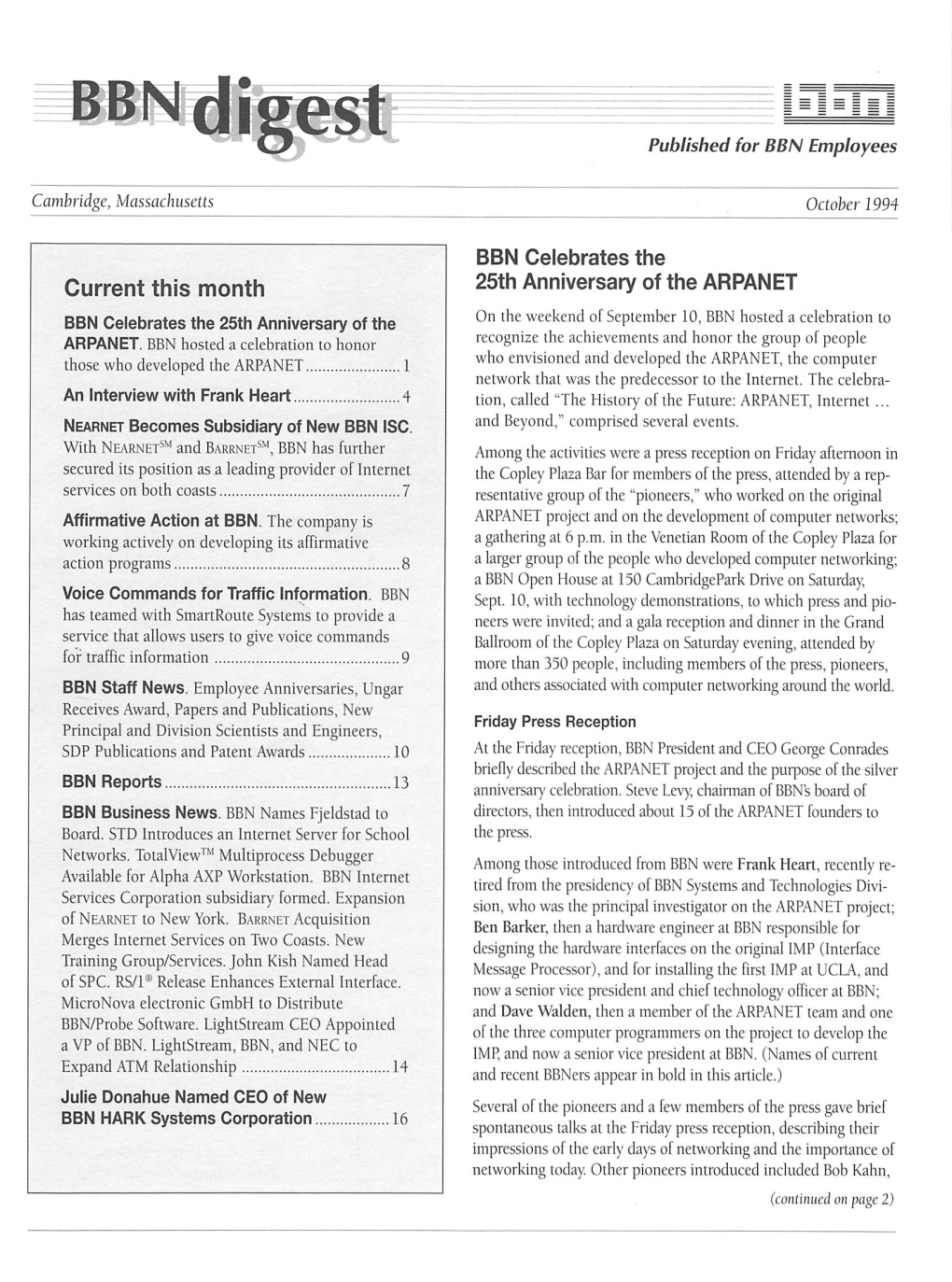 BBN Digest Published for BBN Employees