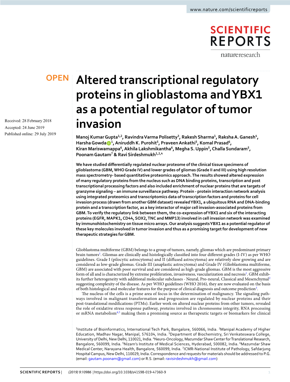 Altered Transcriptional Regulatory Proteins in Glioblastoma and YBX1