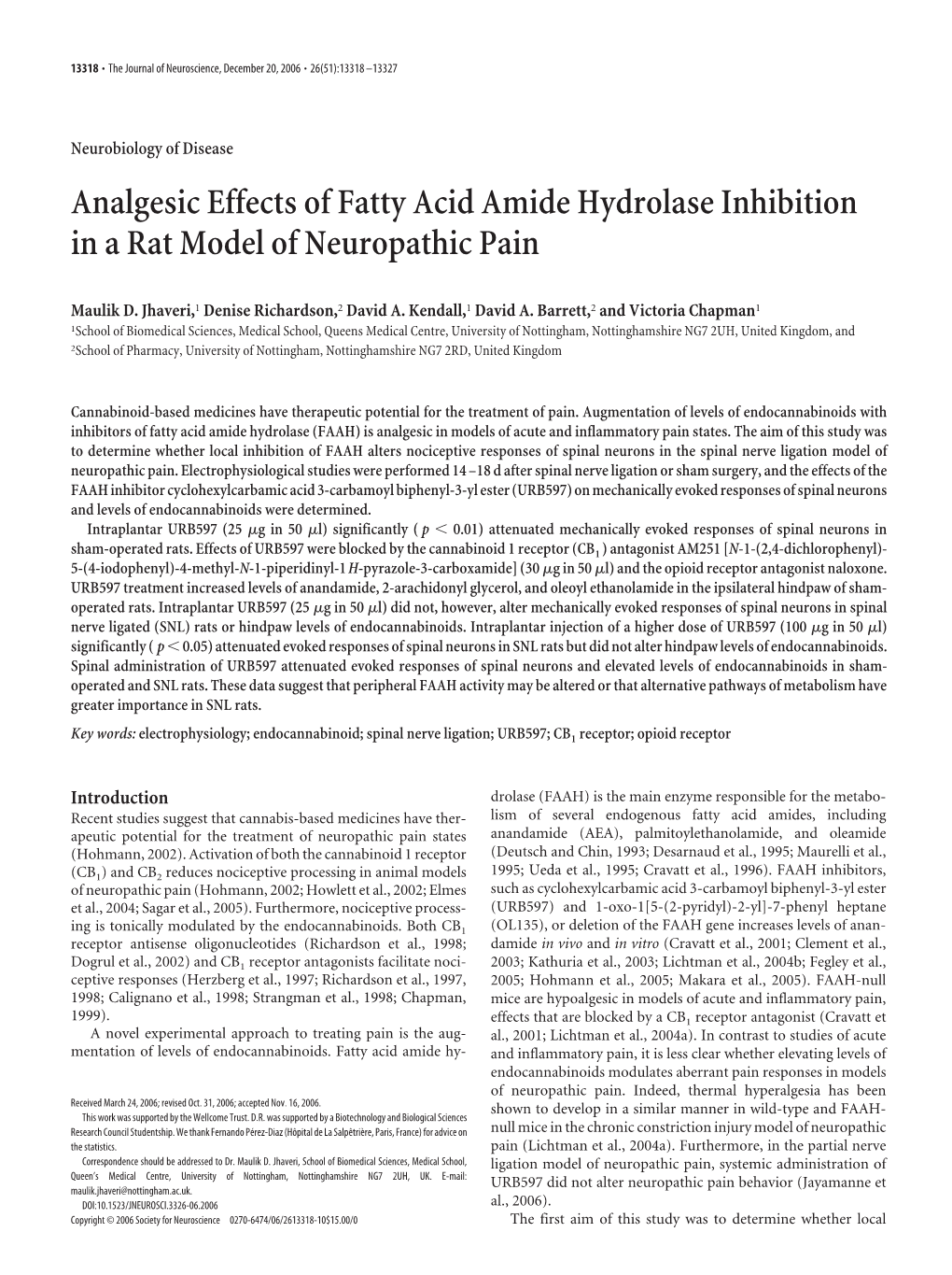 Analgesic Effects of Fatty Acid Amide Hydrolase Inhibition in a Rat Model of Neuropathic Pain
