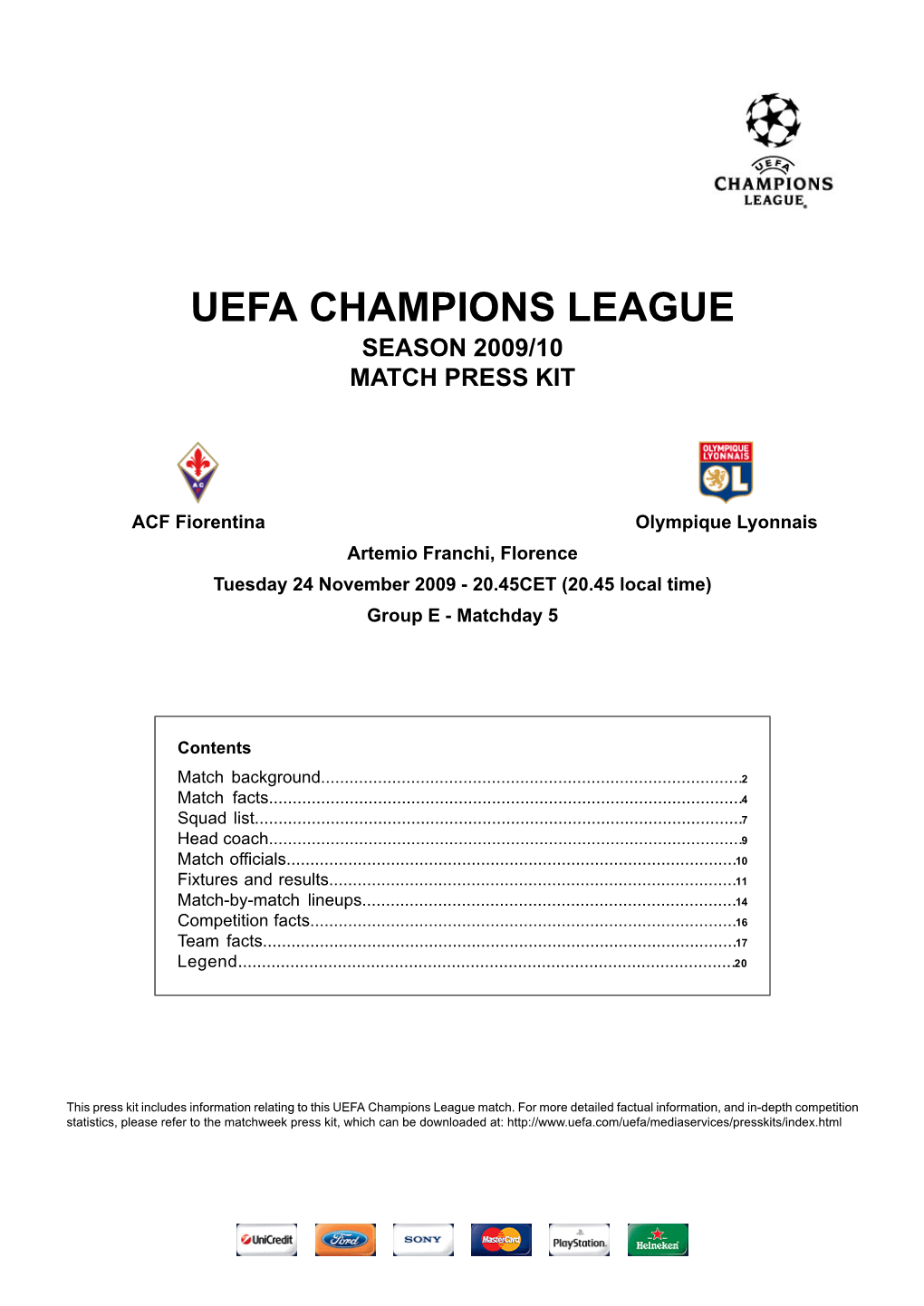 Uefa Champions League Season 2009/10 Match Press Kit