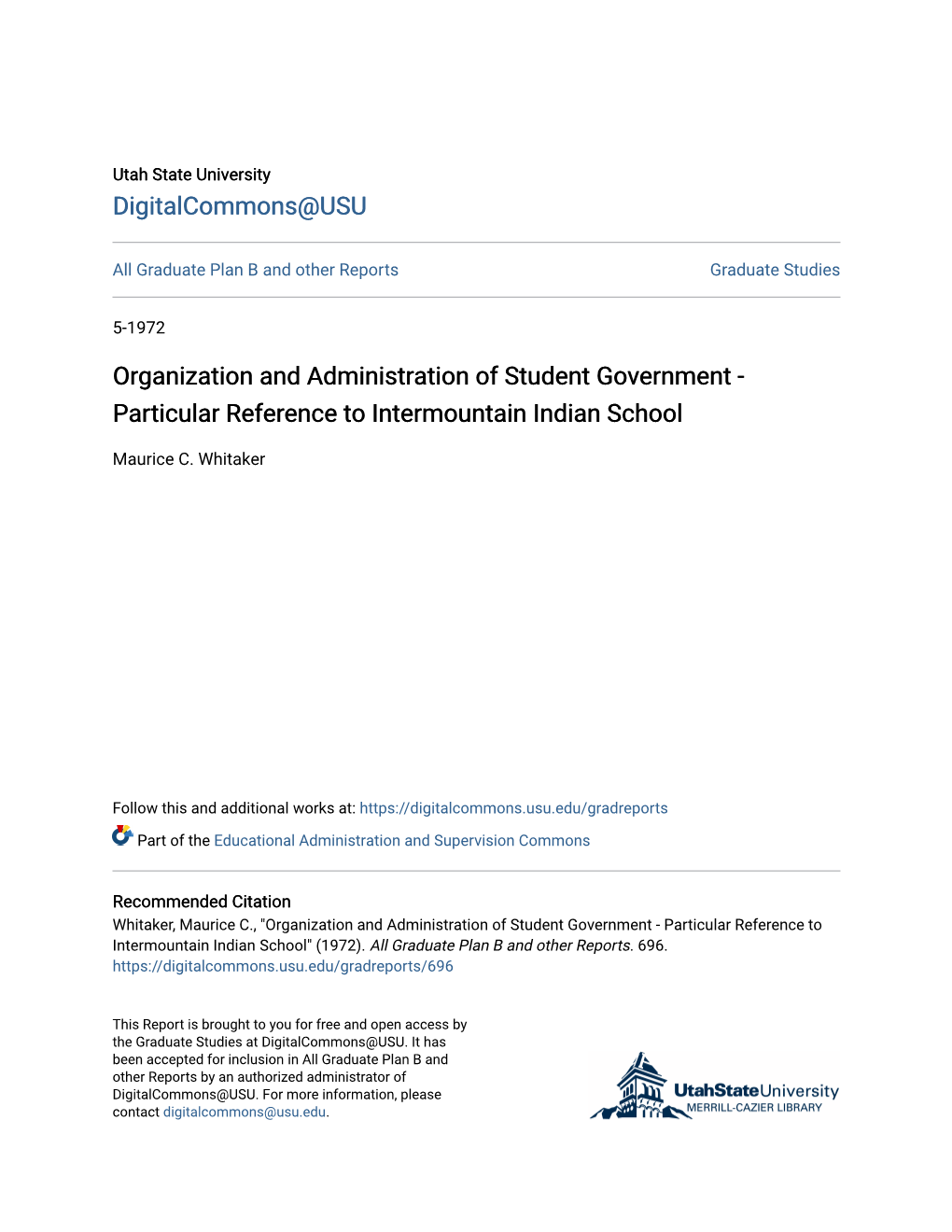 Organization and Administration of Student Government - Particular Reference to Intermountain Indian School