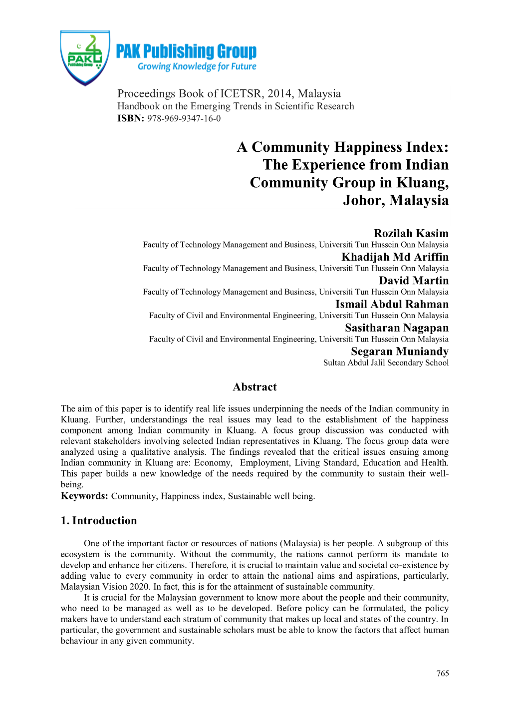 A Community Happiness Index: the Experience from Indian Community Group in Kluang, Johor, Malaysia