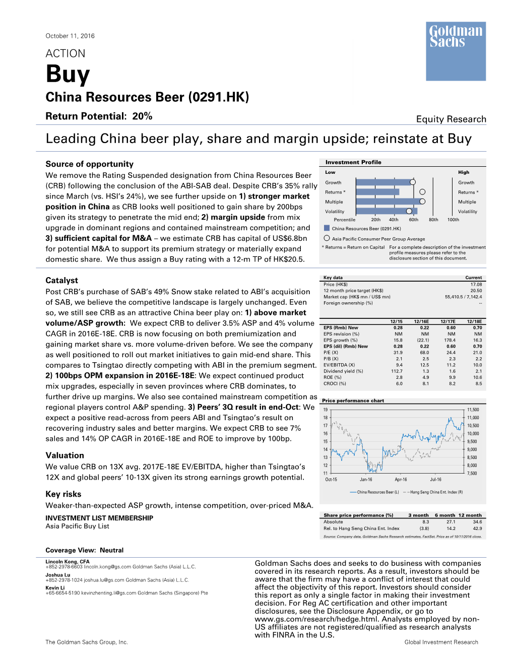 Leading China Beer Play, Share and Margin Upside; Reinstate at Buy