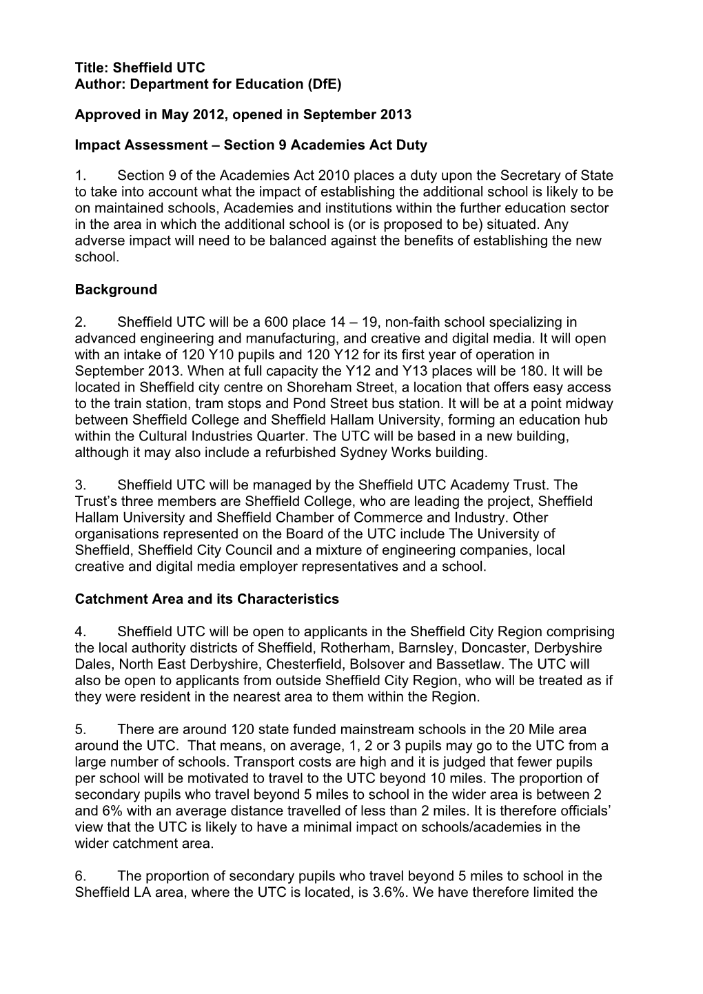 Sheffield UTC Author: Department for Education (Dfe)