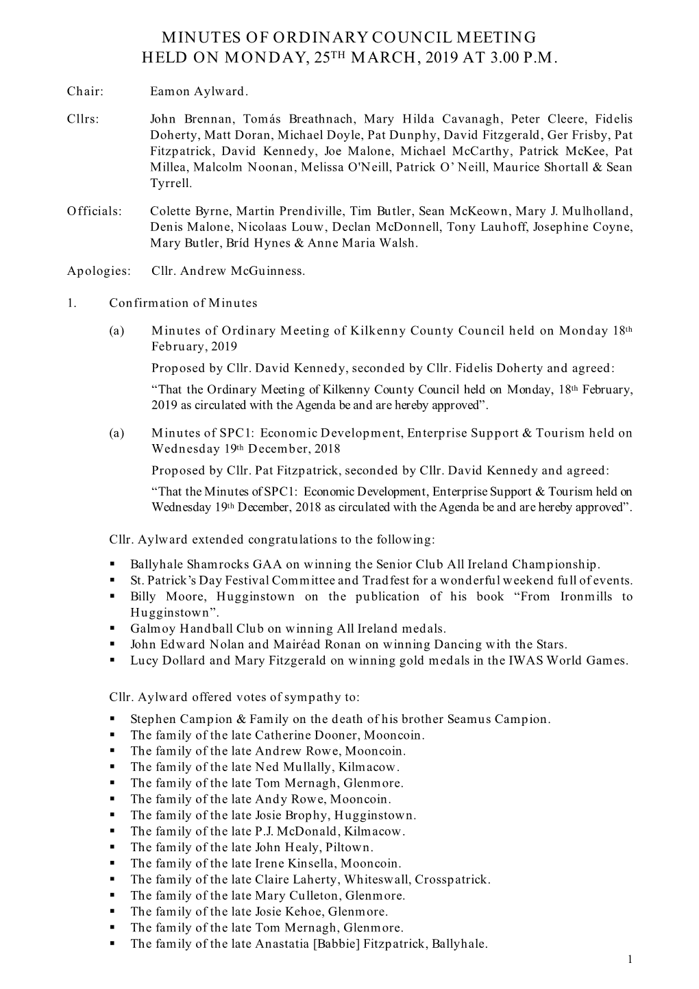 Minutes of Ordinary Council Meeting Held on Monday, 25Th March, 2019 at 3.00 P.M