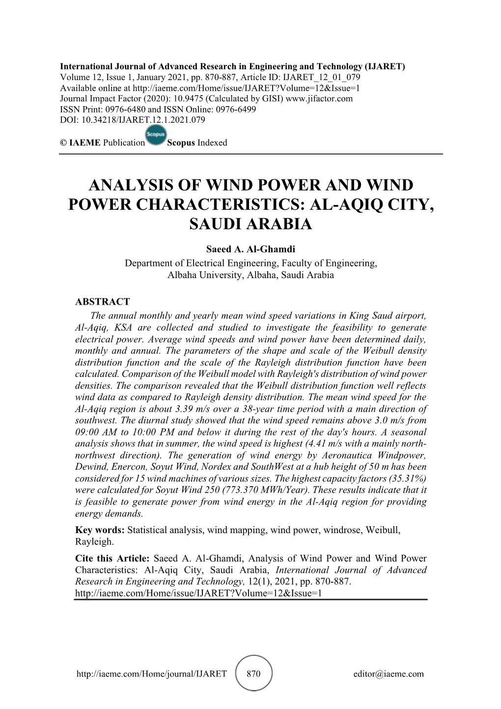 Analysis of Wind Power and Wind Power Characteristics: Al-Aqiq City, Saudi Arabia