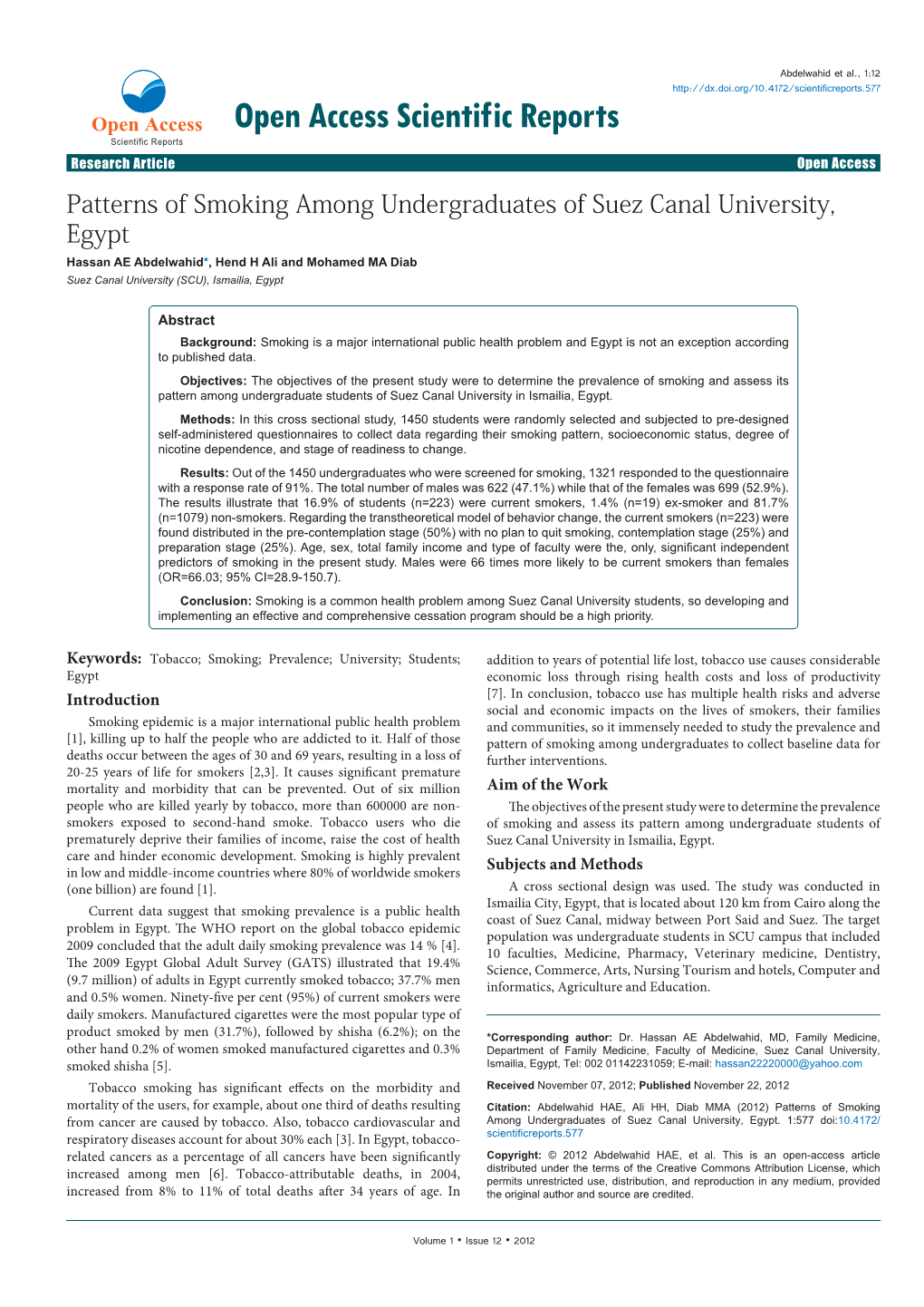 Patterns of Smoking Among Undergraduates of Suez Canal