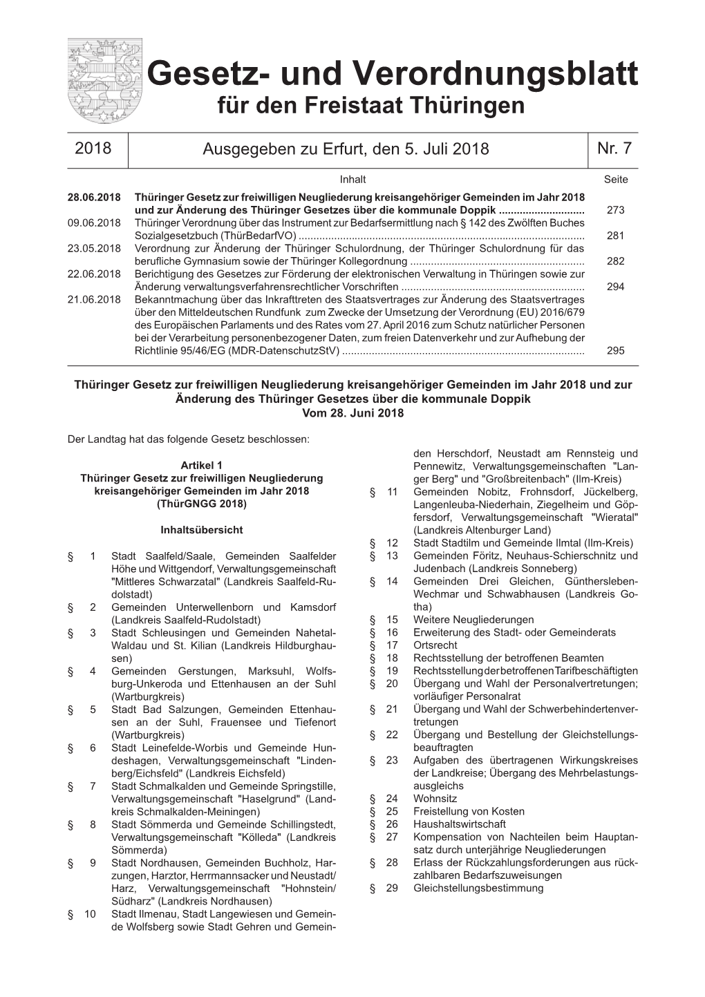 Gesetz- Und Verordnungsblatt Für Den Freistaat Thüringen