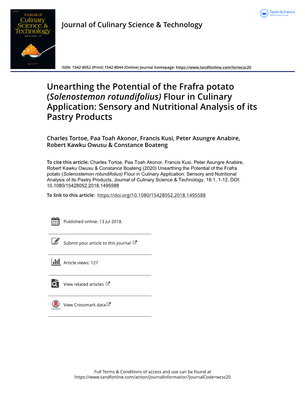 Unearthing the Potential of the Frafra Potato (Solenostemon Rotundifolius) Flour in Culinary Application: Sensory and Nutritional Analysis of Its Pastry Products