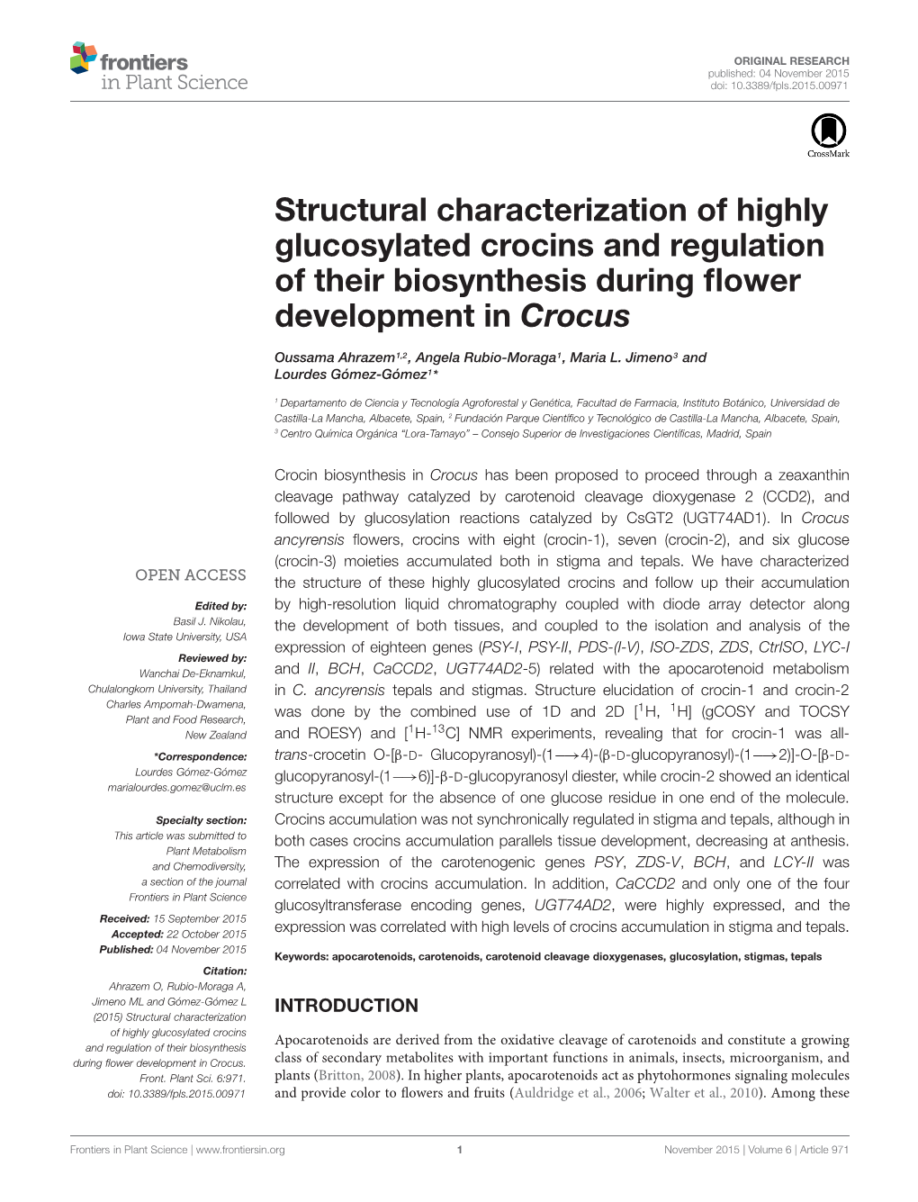 Structural Characterization of Highly Glucosylated Crocins and Regulation of Their Biosynthesis During ﬂower Development in Crocus