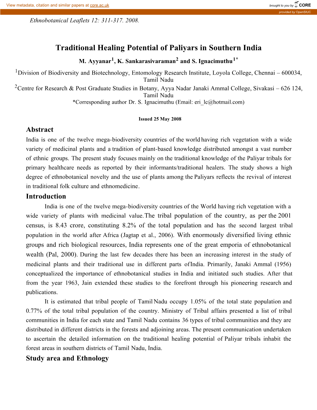 Traditional Healing Potential of Paliyars in Southern India M